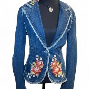 Vintage Embroidered Denim Jacket with Floral Design